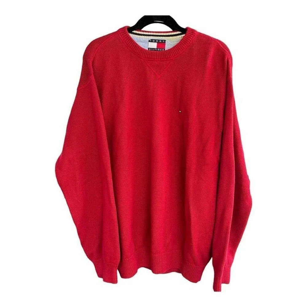 Tommy Hilfiger Mens Red Cotton Knit Crewneck Sweater Large Flag Logo Pullover